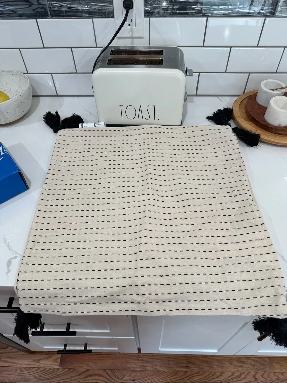 IKEA ALPSTORMHATT Accent Pillow Cover in Cream with Black Stitching